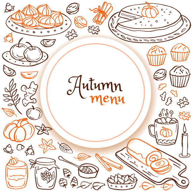 秋季菜单卡——南瓜派、苹果、纸杯蛋糕、饼干、蛋糕、热饮、果酱、苹果、派。矢量插图。完美的秋季菜单，着色书，贺卡，印刷。图片下载