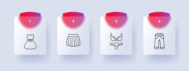 假日服装线图标。连衣裙，裙子，牛仔裤，裤子，内衣，胸罩，三角裤。图片下载