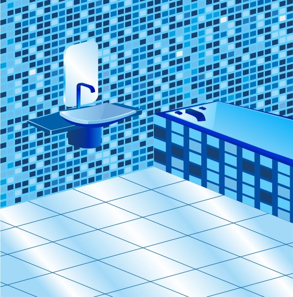 蓝色浴室的瓷砖地板，插图浴缸墙壁正方形图片下载