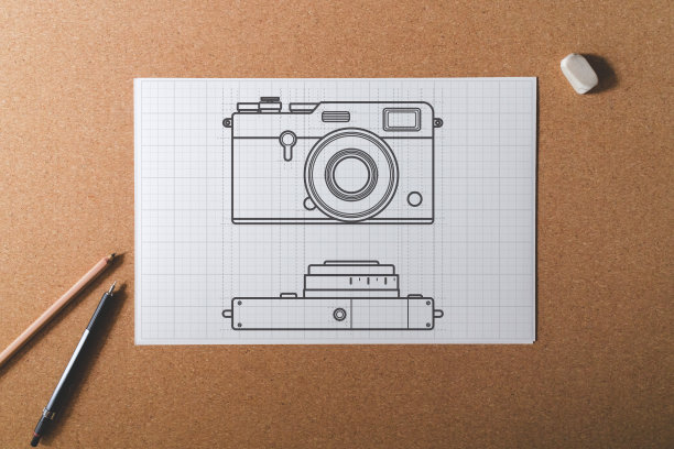 取景器风格复古相机绘制在白色蓝图网格纸图片下载