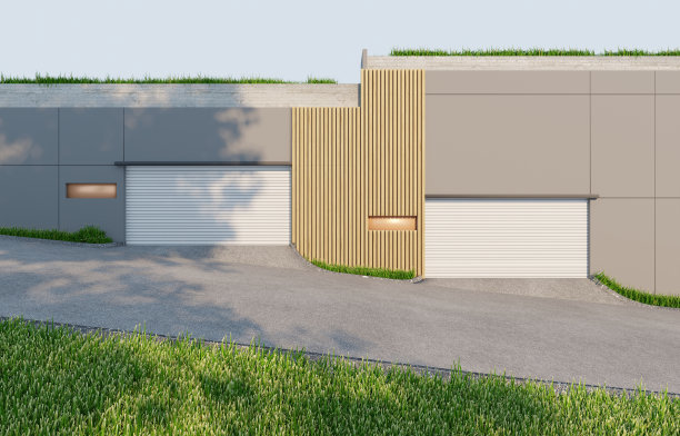模拟村庄道路与停车场建筑分离的房子，现代风格，用板条墙装饰。路上、建筑物上和草地上都有大树的影子。三维渲染图片下载