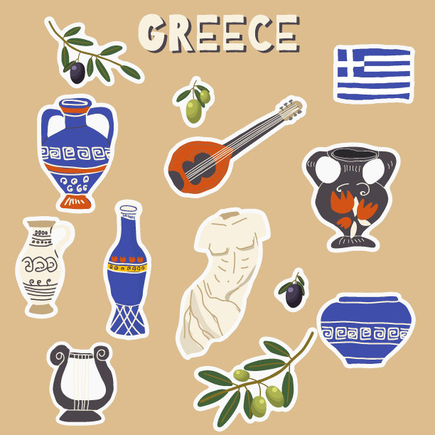 矢量插图，一套贴纸，手绘希腊涂鸦风格的符号。旅游,旅行。图片下载