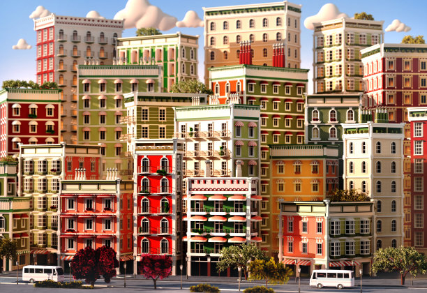 日落时分，色彩缤纷的城市房屋和周期性建筑的3D插画图片下载