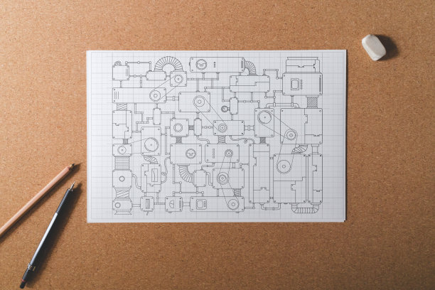 想象中的机器绘制在一张白色的蓝图网格纸上图片下载
