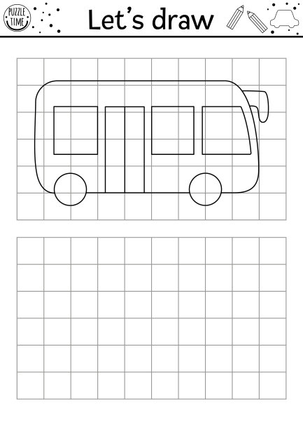 画公共汽车。矢量运输绘图练习工作表。可打印的黑白儿童活动与公共车辆。运输副本或完成图片涂色页图片下载