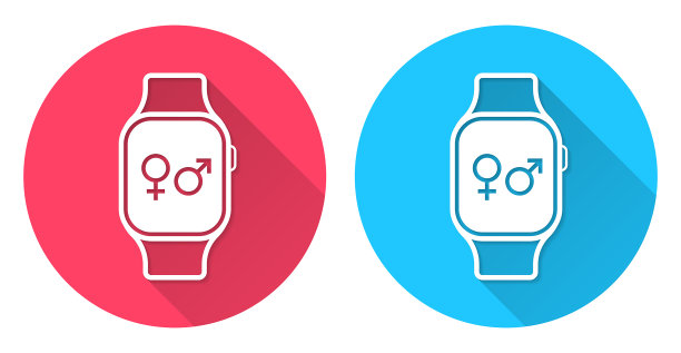带有性别符号的智能手表。圆形图标与长阴影在红色或蓝色的背景图片下载