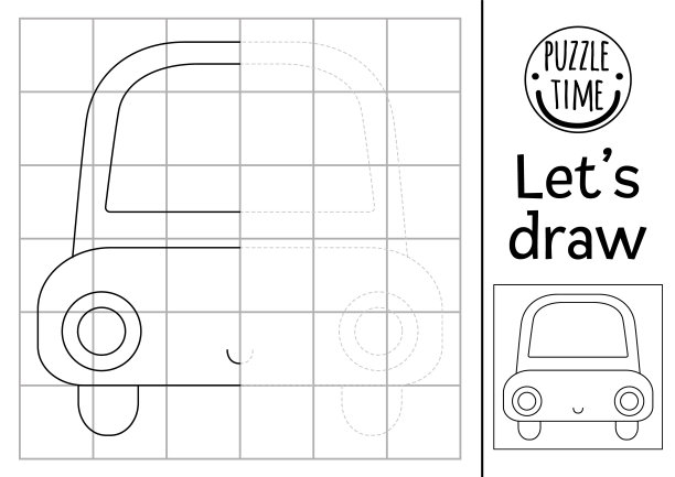 完成汽车图片。矢量运输对称绘图练习工作表。可打印的儿童黑白活动。自动复制图片传输着色页图片下载