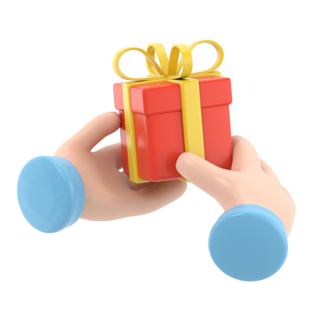 卡通手势图标模型。3d渲染。节日剪贴画孤立在白色背景。双手捧着礼盒，礼盒上有金色的蝴蝶结。圣诞社交偶像图片下载