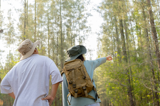 年轻的亚洲男人和女人背着背包，戴着帽子，在夏天的山上徒步旅行图片下载