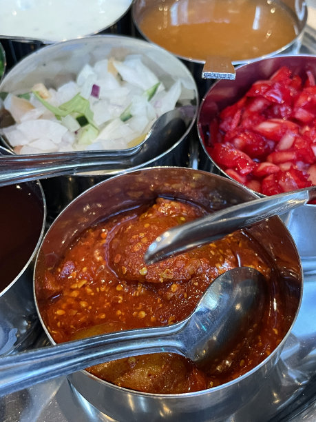 全画幅图片，金属碗里装着印度调味品和茶匙，蘸料包括酸橙泡菜、切碎的洋葱、芒果和红洋葱酸辣酱、raita(酸奶酱)、Saunth(干姜和罗望子酱)，重点放在前景，高架视图图片下载
