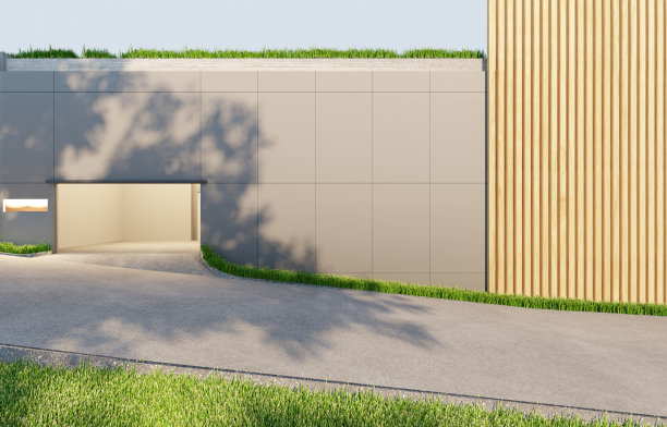 模拟现代风格村庄的项目道路，白天用木条、绿草和大树的影子装饰，车库与房子分开。三维渲染图片下载