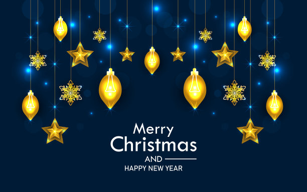 圣诞快乐横幅模板设计与装饰圣诞灯，雪花和星星图片下载