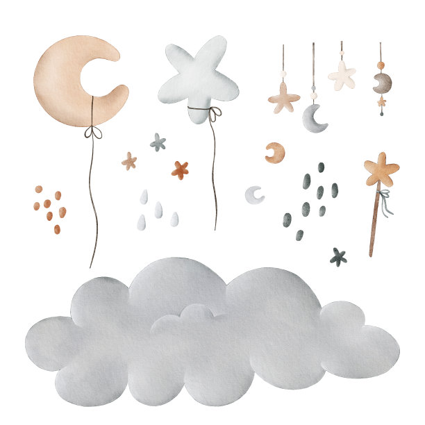 一套水彩婴儿插图与云，月亮，星星和气球。完美的纺织品，包装，卡片，小册子，婴儿淋浴，海报图片下载