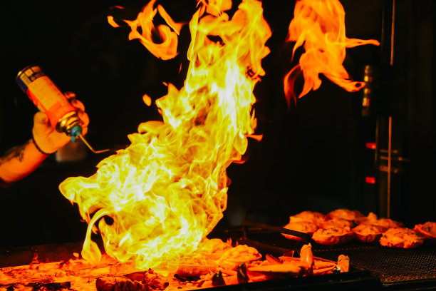 火焰燃烧龙虾与奶酪的特写。图片下载