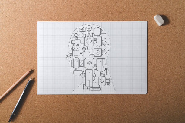 人工智能机器在白色的网格纸上绘制蓝图图片下载