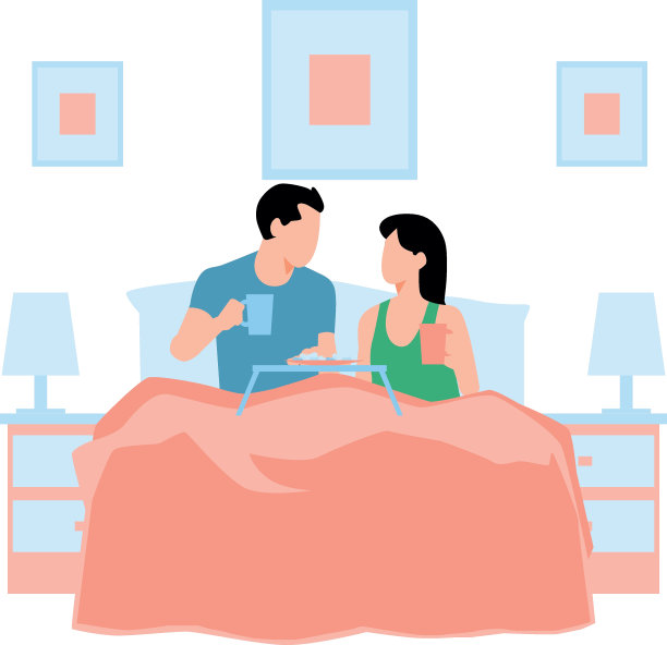 夫妻在床上喝茶。图片下载