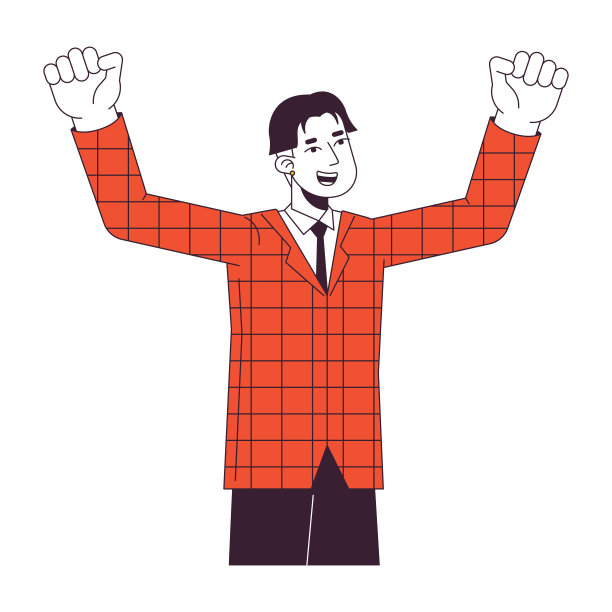 亚洲办公室工作人员与双手向上平线颜色矢量字符图片下载