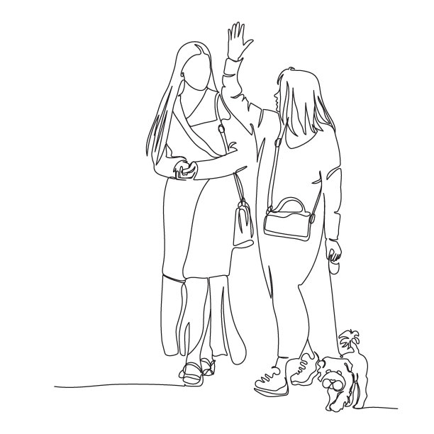 两个女人边说边遛小狗。一位女士举起了手。黑白矢量插图在线艺术风格。图片下载