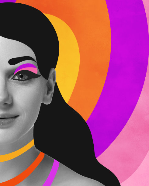 海报。当代艺术拼贴。现代创意艺术。年轻美丽的女孩，脸上有丰富多彩的线条。充满活力的设计。时尚的年轻人图片下载