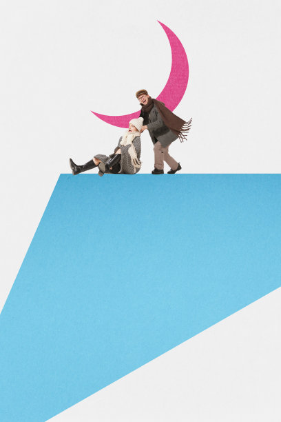 当代艺术拼贴。幸福的夫妇穿着冬装在山上玩耍。积极的休闲爱好者。画的风格。图片下载