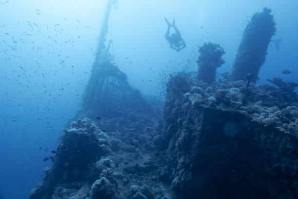 沙特阿拉伯延布，沉船上的潜水员图片下载