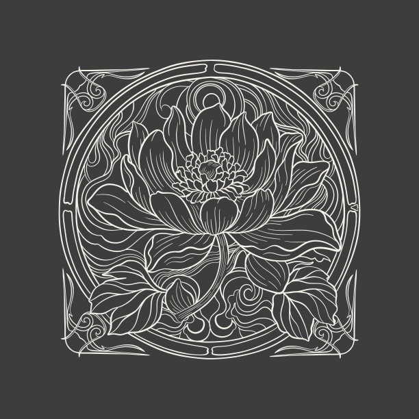 荷叶写生，线条优美。背景上孤立的花。复古蚀刻植物莲花。图片下载