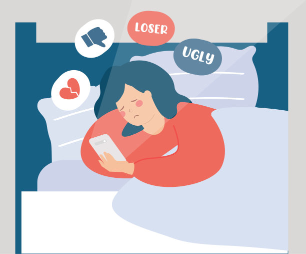 悲伤的女人一边看手机，一边在床上看负面评论、批评和侮辱。女孩在社交媒体上遭受网络欺凌和虐待。图片下载