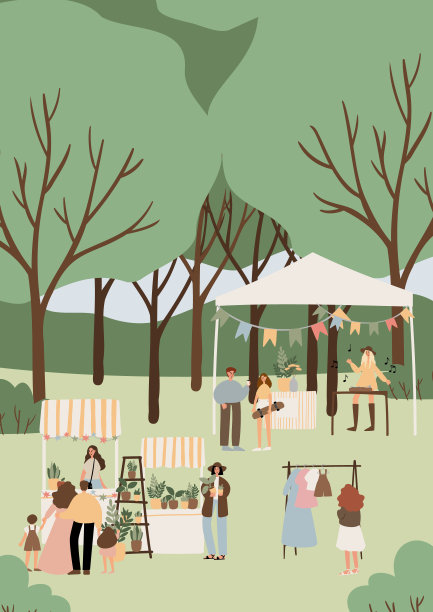 夏季市场海报插图剪贴画，人们走在公平矢量打印卡，节日墙壁艺术打印，聚会在公园剪贴艺术，数字下载图像在平面卡通风格。图片下载