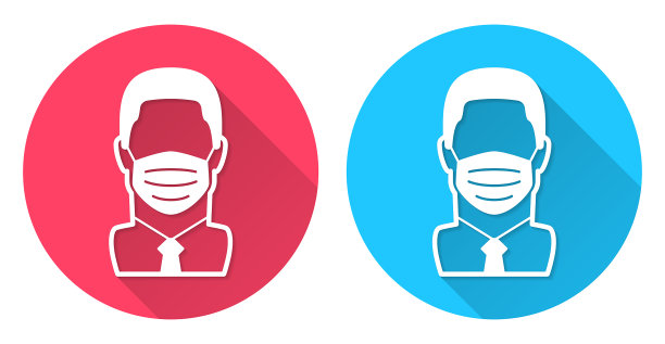 戴医用面罩的男子圆形图标与长阴影在红色或蓝色的背景图片下载