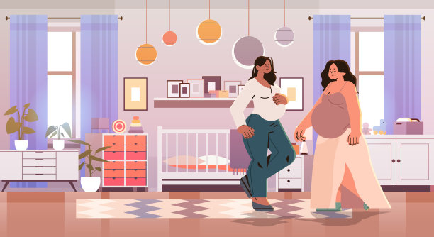 快乐孕妇未来妈妈近婴儿床怀孕母亲期望概念现代儿童卧室室内图片下载