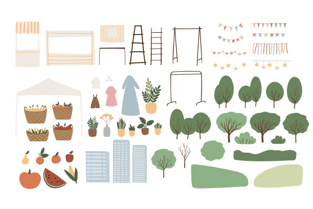 一套夏季市场插图，公平的设备矢量剪贴画，节日在公园剪贴艺术，平面风格的图像，旗帜，杂货，帐篷，衣服，衣架，花环，蔬菜，遮阳篷，亭，植物。图片下载