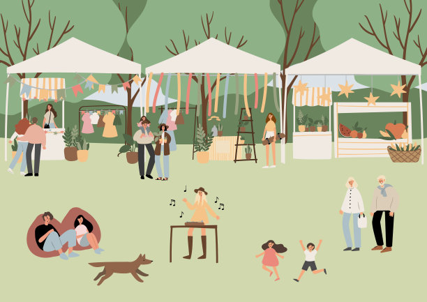 夏季市场海报插图剪贴画，人们走在公平矢量打印卡，节日墙壁艺术打印，聚会在公园剪贴艺术，数字下载图像在平面卡通风格。图片下载