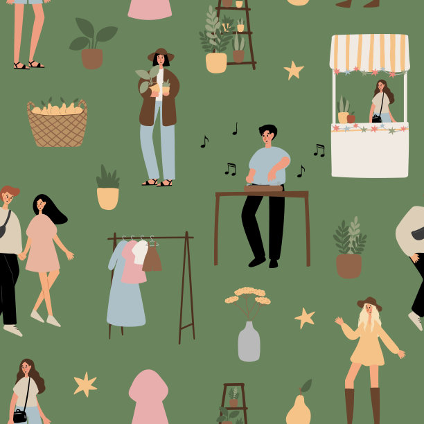 夏季市场无缝图案，人们走在公平的数字纸，节日在公园剪贴簿纸，聚会背景，节日矢量插图剪贴画，在平面卡通风格的图像。图片下载