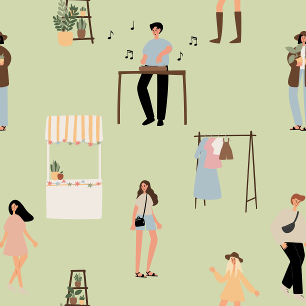 夏季市场无缝图案，人们走在公平的数字纸，节日在公园剪贴簿纸，聚会背景，节日矢量插图剪贴画，在平面卡通风格的图像。图片下载