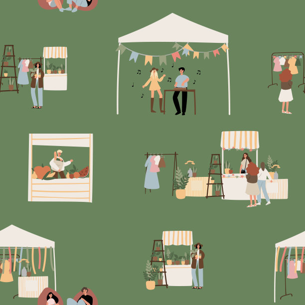 夏季市场无缝图案，人们走在公平的数字纸，节日在公园剪贴簿纸，聚会背景，节日矢量插图剪贴画，在平面卡通风格的图像。图片下载