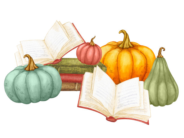 南瓜和书的秋季作文。畅销书，秋天的心情，温馨的家，感恩，丰收的节日。用于海报、布告、广告等手绘水彩画。图片下载