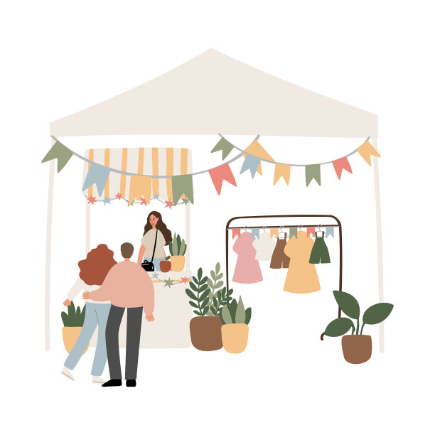 夏季市场插图，人们走在节日矢量剪贴画，博览会在公园剪贴画，户外聚会图像在平面风格，数字下载，老人，穆斯林，黑人，夫妇，家庭。图片下载