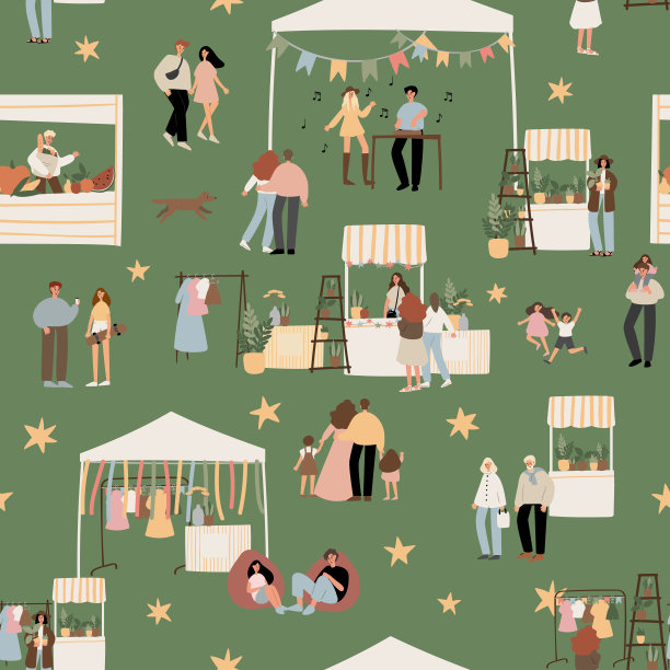 夏季市场无缝图案，人们走在公平的数字纸，节日在公园剪贴簿纸，聚会背景，节日矢量插图剪贴画，在平面卡通风格的图像。图片下载