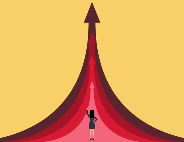 创业，商人庆祝创业的成功。女商人高举双臂站在箭上图片下载