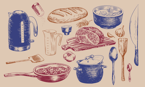 一套厨房烹饪用具的草图图片下载