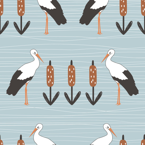 鹳和芦苇无缝矢量图案。风格化矢量背景图片下载