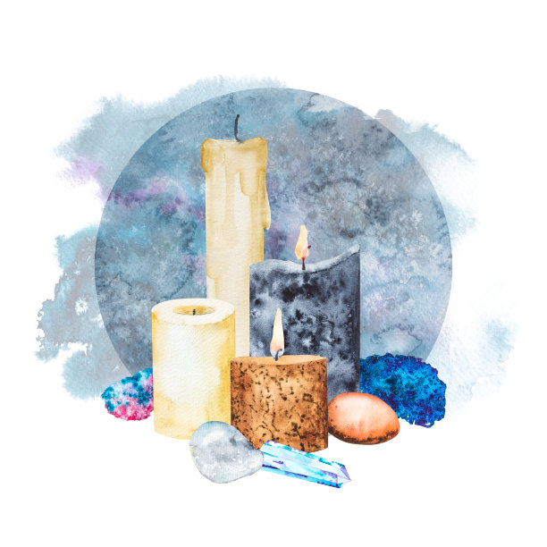 水彩插图魔术集，蜡烛，手绘，秘传图片下载