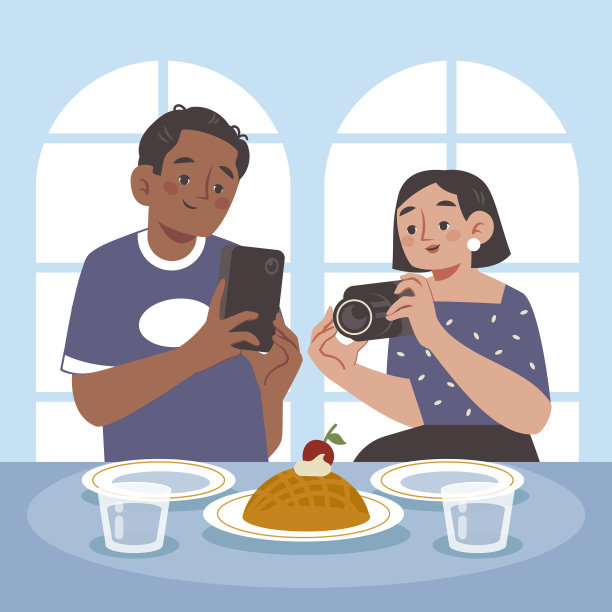 手绘的人在食物上拍照图片下载