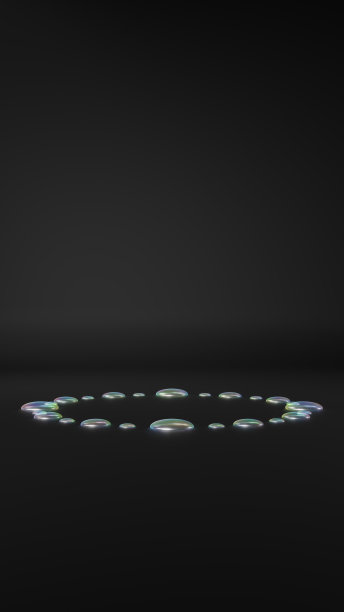 3D插画：黑色背景上排列成圆圈的彩色水，水滴，光效（竖版）图片下载