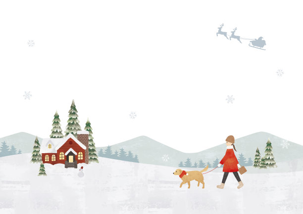 女子遛狗雪圣诞水彩画图片下载