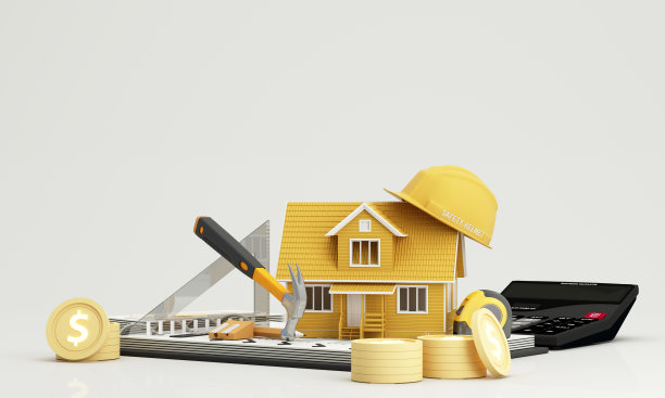 海报贷款和保险的房屋和房地产或计算房屋建设成本包围的设备和工具的安全第一的承包商。白色背景的3d渲染图片下载