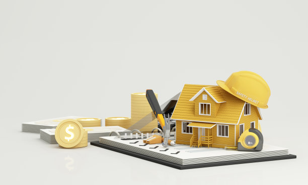 海报贷款和保险的房屋和房地产或计算房屋建设成本包围的设备和工具的安全第一的承包商。白色背景的3d渲染图片下载