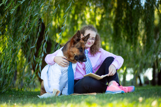 一只穿着白衬衫打领带的德国牧羊犬和一个戴着眼镜穿粉色衬衫的女孩，坐在绿色的草坪上，在公园里看书图片下载