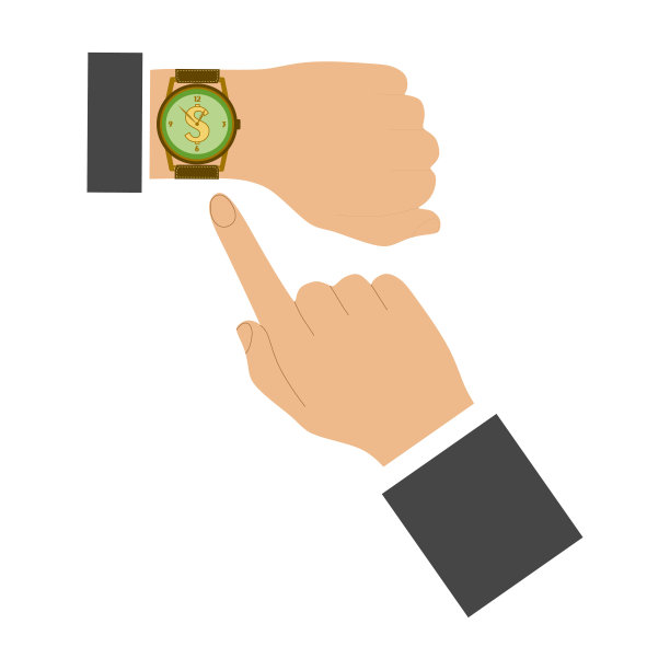 商人用手指着手表。时间就是金钱。矢量时间和财务管理插图。平面式商务图片。男人的手和钟。时机，计划，企业家，会议。图片下载