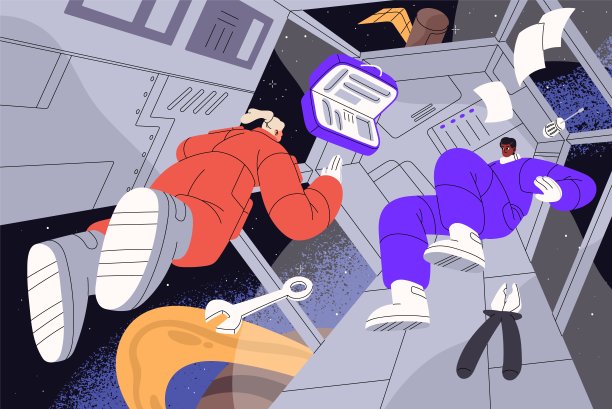 飞船内部失重。在国际空间站失重状态下飞行的航天飞机机组人员。宇航员带着工具漂浮在宇宙飞船舱内。宇宙飞船里的人。平面矢量图图片下载